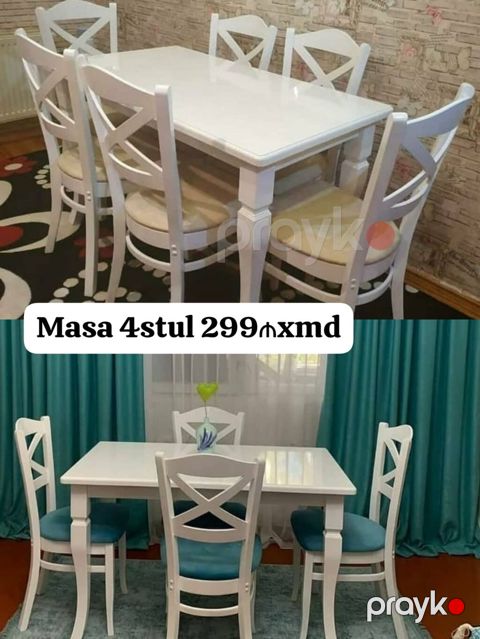 Ağ rəngli yemək otağı dəsti – 1 masa + 4 stul - Klassik dizayn — Mehdiabad