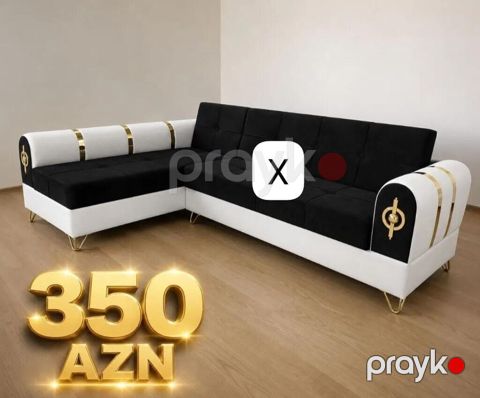 L‑şəkilli künc divan - Rəng: qara-ağ, qızılı dekor elementləri ilə — Bakı