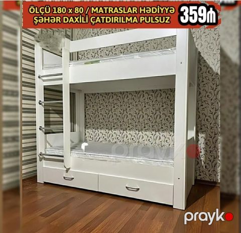 İki mərtəbəli uşaq çarpayısı - Ölçü: 180 x 80 sm (hər mərtəbə) — Bakı