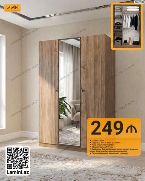 LA Mını 3 qapılı şkaf – kod: 1089 - Ümumi ölçülər: D 47 H 200 E — Bakı