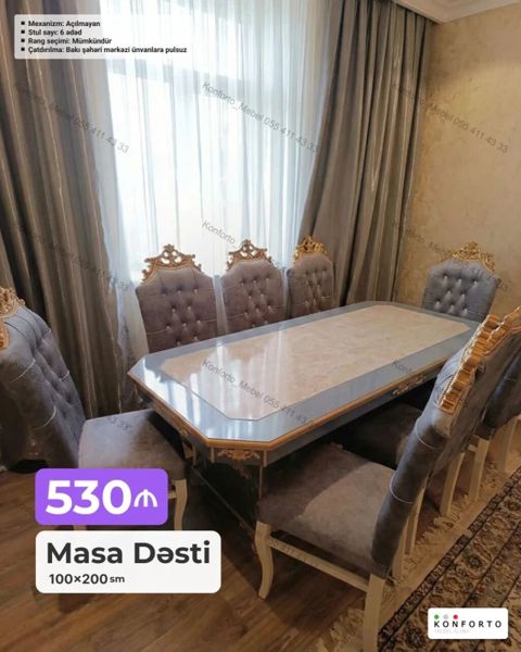 Masa Dəsti – 100×200 sm - Klassik dizaynlı, mərmər effektli üst səthə — Bakı