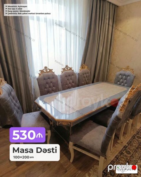 Masa Dəsti – 100×200 sm - Klassik dizaynlı, mərmər effektli üst səthə — Bakı