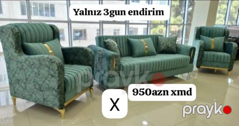 3 nəfərlik divan + 2 ədəd kreslodan ibarət dəst. - Rəng: zümrüd-yaşıl — Bakı