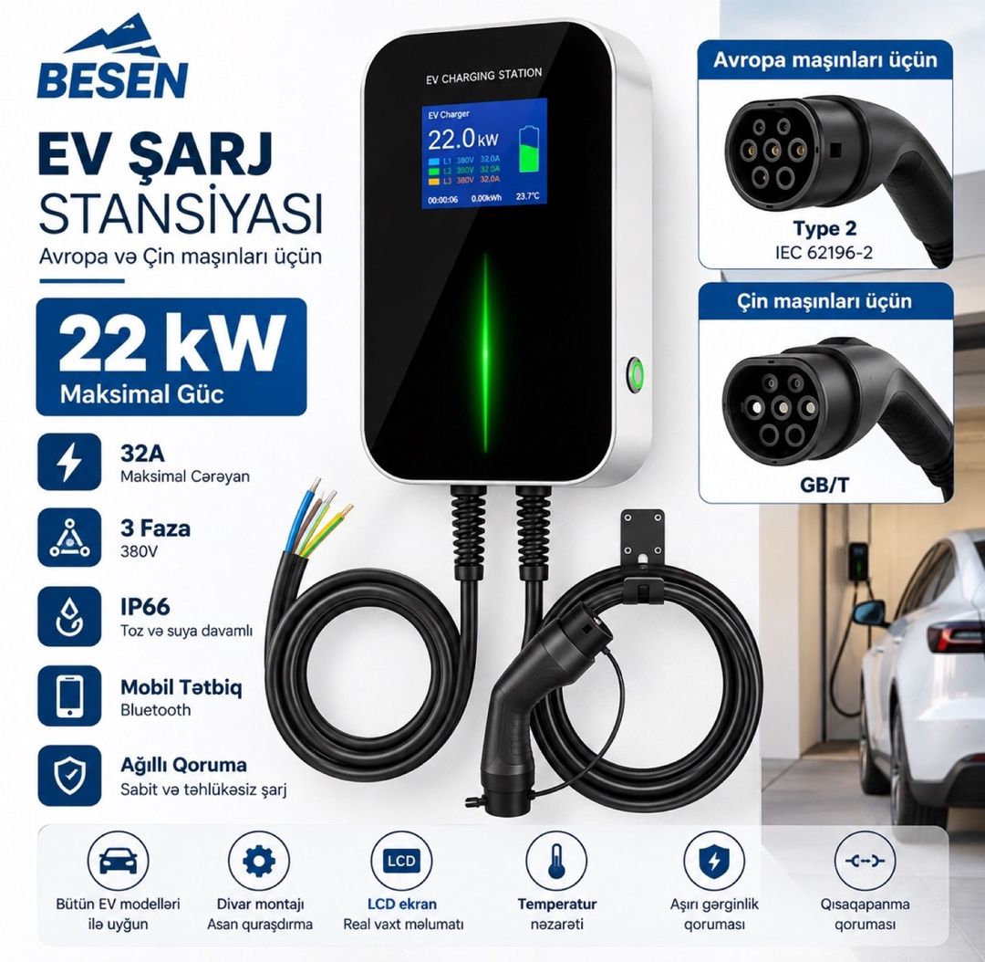 Besen 22 kW Elektrikli Avtomobil Şarj Stansiyası — Ehtiyat hissələri və aksesuarlar, Bakı (4)