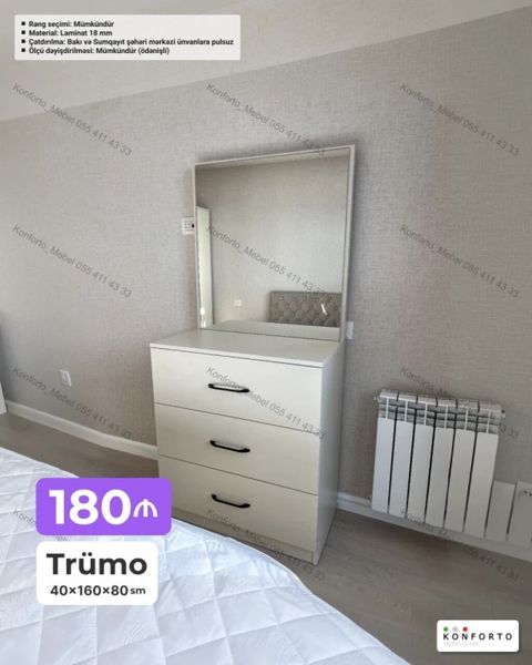 Trümo – 40×160×80 sm - Geniş güzgülü üst hissə və 3 dərin çekmece — Bakı