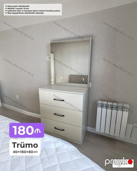 Trümo – 40×160×80 sm - Geniş güzgülü üst hissə və 3 dərin çekmece — Bakı