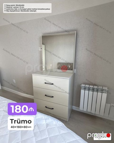 Trümo – 40×160×80 sm - Geniş güzgülü üst hissə və 3 dərin çekmece — Bakı