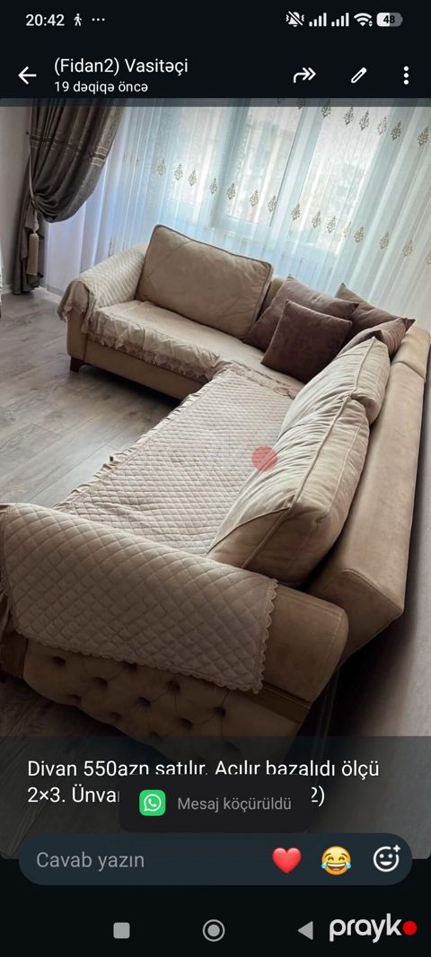 Divan 550azn satılır. Açılır bazalıdı ölçü 2×3. Ünvan Yeni Günəşli — Bakı