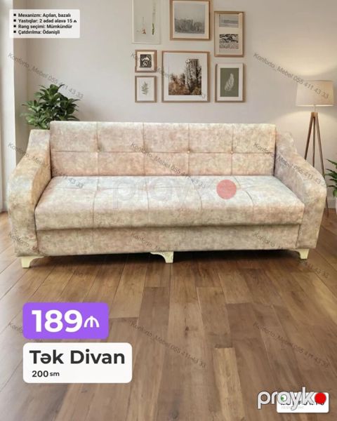 Tək divan – 200 sm - Mexanizm: açılan, bazalı (alt hissədə saxlama — Bakı