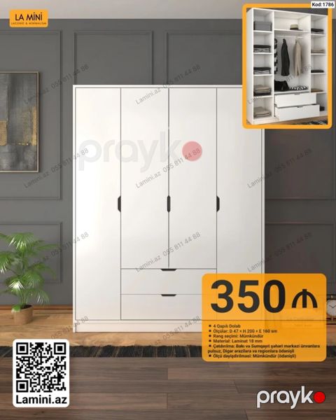 4 qapılı dolab - Ölçülər: D 47 H 200 E 160 sm - Rəng seçimi — Bakı