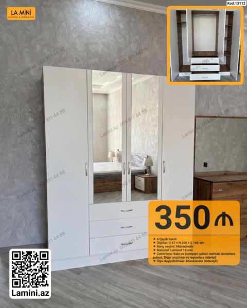Məhsul: 4 qapılı şkaf (Kod: 13112) Xüsusiyyətlər: - Ölçü: Dərinlik 47 — Bakı