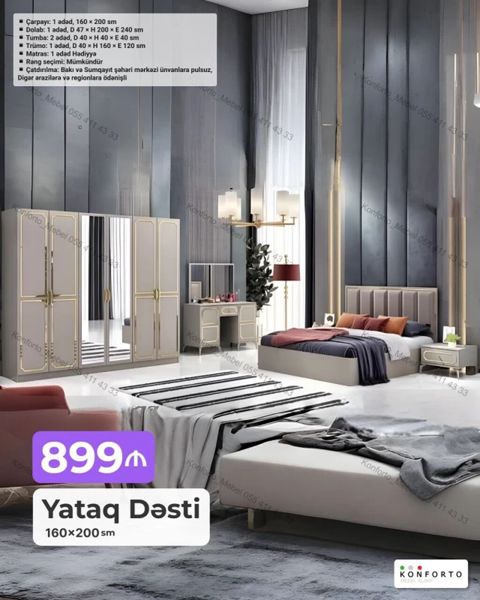 Yataq Dəsti – 160×200 sm Komplekt: - Çarpayı: 1 ədəd, 160 200 sm — Bakı