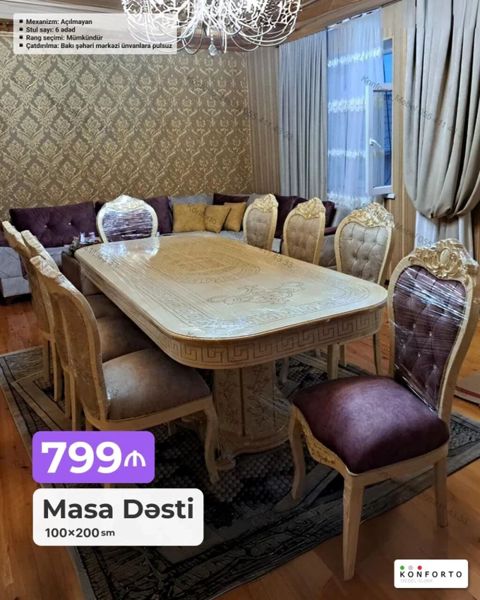 Masa Dəsti – 100×200 sm - Klassik üslubda, oyma dekorlu iri yemək — Bakı