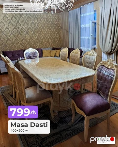 Masa Dəsti – 100×200 sm - Klassik üslubda, oyma dekorlu iri yemək — Bakı