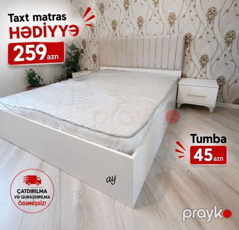 Mebel dəsti – ağ rəngli müasir yataq taxtı və tumbadan ibarət