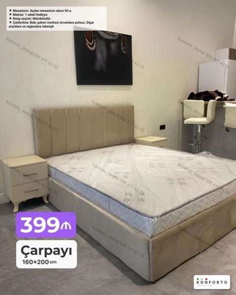 Mebel dəsti – çarpayı - Ölçü: 160×200 sm - Başlıq: yumşaq, parça üzlü — Bakı