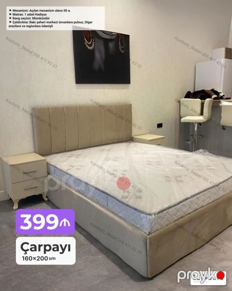Mebel dəsti – çarpayı - Ölçü: 160×200 sm - Başlıq: yumşaq, parça üzlü — Bakı