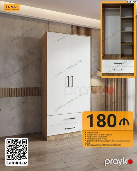 2 qapılı paltar dolabı - Model kodu: 1704 - Ölçülər: Dərinlik 47 — Bakı