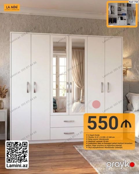 6 qapılı dolab - Ölçülər: D 47 H 200 E 240 sm - Material: Laminat — Bakı