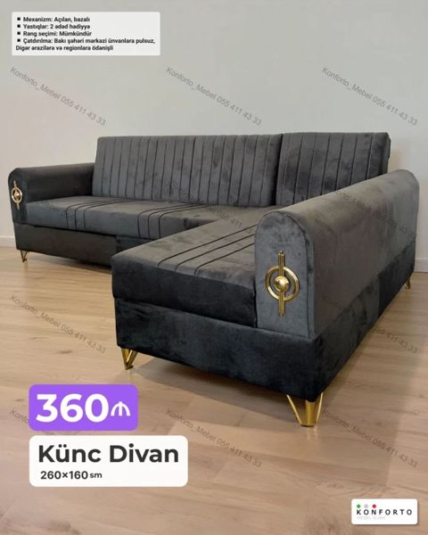 Künc divan – 260×160 sm - Açılan mexanizmli, bazalı konstruksiya — Bakı