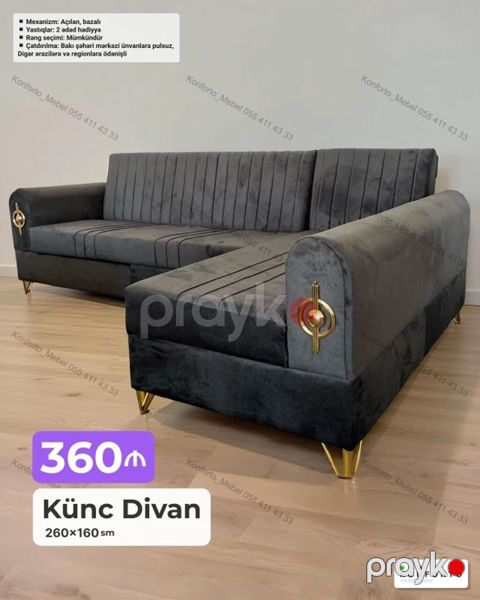 Künc divan – 260×160 sm - Açılan mexanizmli, bazalı konstruksiya