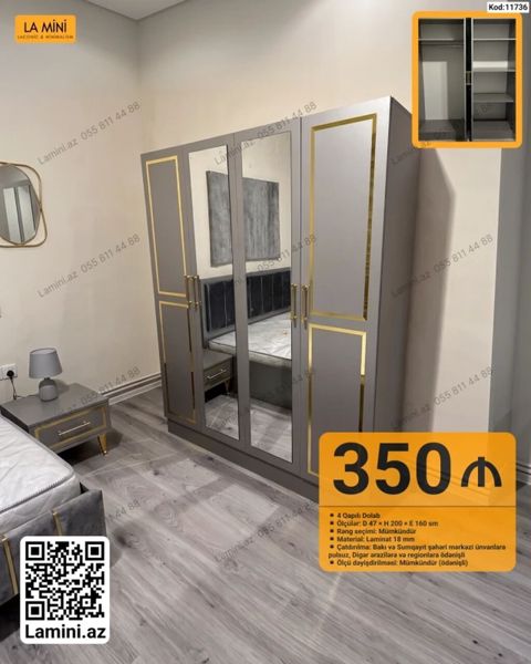 4 qapılı paltar dolabı – Kod: 11736 - Ölçülər: D 47 H 200 E 160 — Bakı