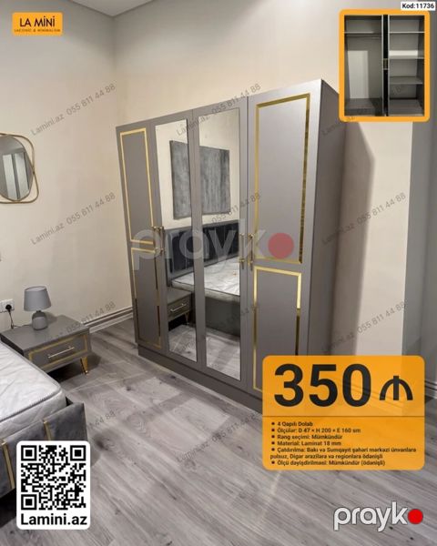 4 qapılı paltar dolabı – Kod: 11736 - Ölçülər: D 47 H 200 E 160 — Bakı