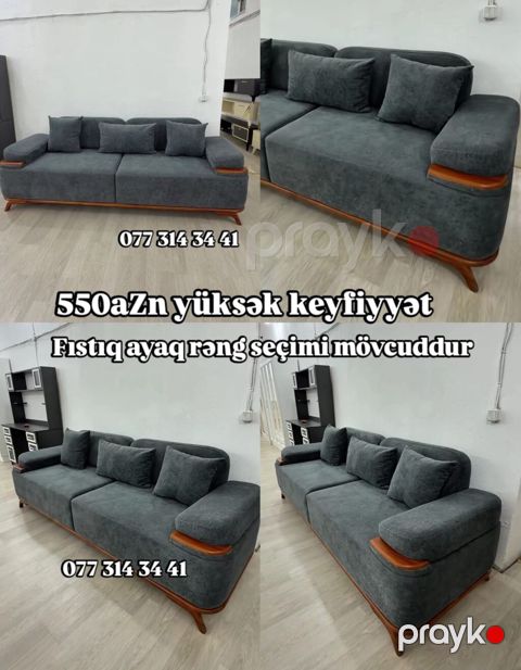 3 nəfərlik dəbli divan - Rəng: tünd boz parça - Komplekt: 4 ədəd — Bakı