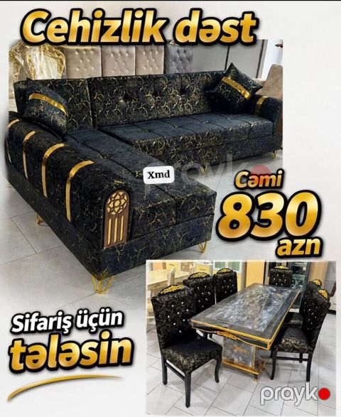 Cehizlik dəst – cəmi 830 AZN - L formalı yumşaq künc divan: qara — Bakı