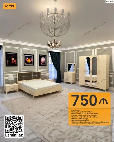 Yataq Dəsti – Kod: 2059 Tərkibi: - Çarpayı: 1 ədəd, 160 x 200 sm — Bakı