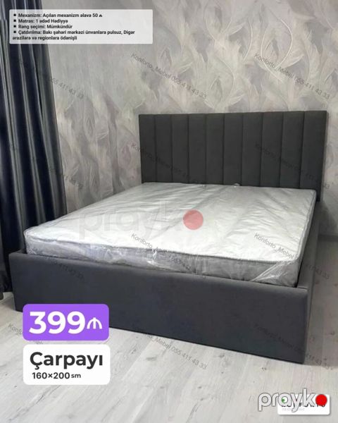 Çarpayı – 160×200 sm - Başlıq: Yumşaq, vertikal tikişli modern başlıq — Bakı
