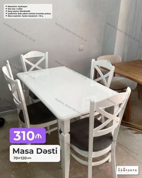 Masa Dəsti – 70×120 sm - Dəst tərkibi: 1 ədəd düzbucaqlı masa + 4 — Bakı