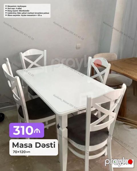 Masa Dəsti – 70×120 sm - Dəst tərkibi: 1 ədəd düzbucaqlı masa + 4 — Bakı