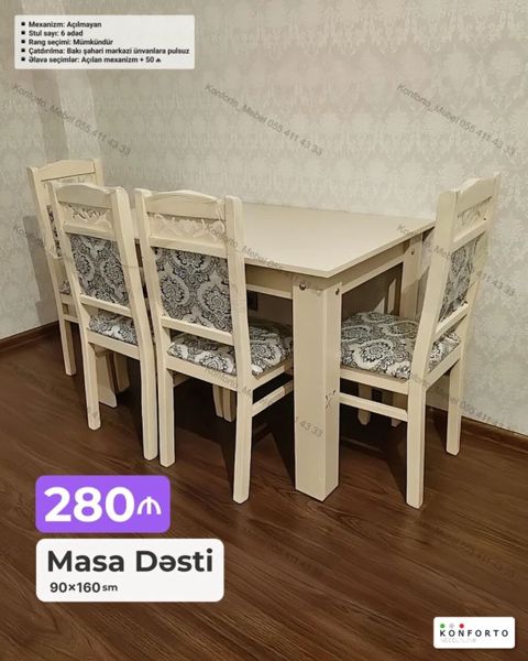 Məhsul: Masa Dəsti - Ölçü: 90×160 sm - Komplekt: 1 masa + 6 stul — Bakı