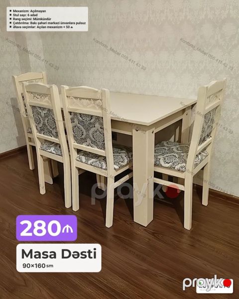 Məhsul: Masa Dəsti - Ölçü: 90×160 sm - Komplekt: 1 masa + 6 stul — Bakı