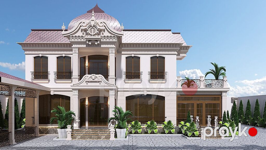 Neoklassik üslubda iki mərtəbəli villa layihəsi – fasad və landşaft — Dekor, dizayn, smeta və planlama, Gəncə (6)