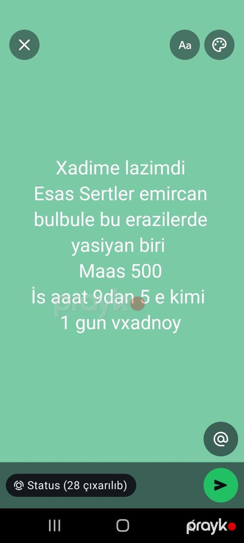 Xadimə tələb olunur, İstənilən yaş, Təcrübəsiz, 6/1, Aylıq ödəniş — Bakı