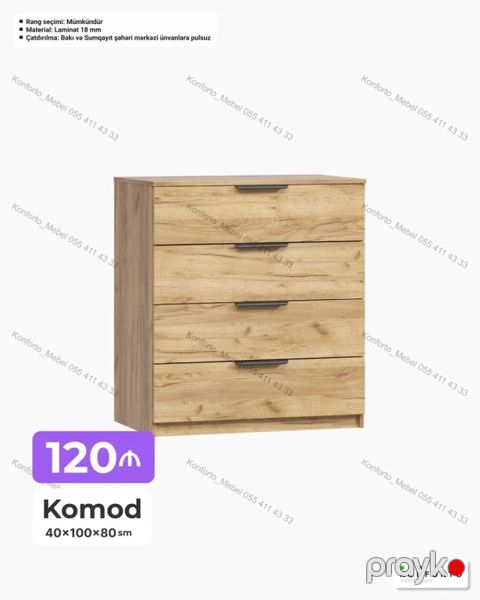 Komod – 40×100×80 sm - Model: Komod, 4 çekməcəli - Ölçülər: 40 sm — Bakı