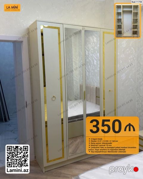 Məhsul: 4 qapılı paltar dolabı Xüsusiyyətlər: - Ölçülər: D 47 H 200 — Bakı