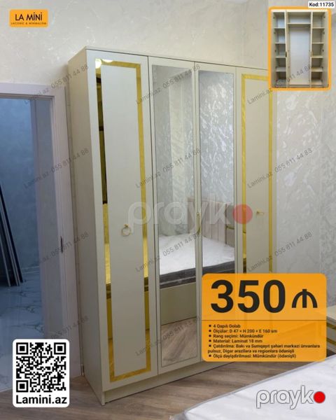Məhsul: 4 qapılı paltar dolabı Xüsusiyyətlər: - Ölçülər: D 47 H 200 — Bakı