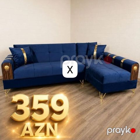 Mavi rəngli künc divan – 359 AZN - Şık L formalı dizayn, sağ tərəfli — Bakı