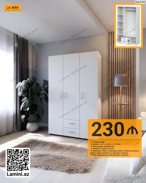 LA Mını – 3 qapılı dolab - Modell: Kod 6184 - Ölçülər: D 47 H 200 — Bakı