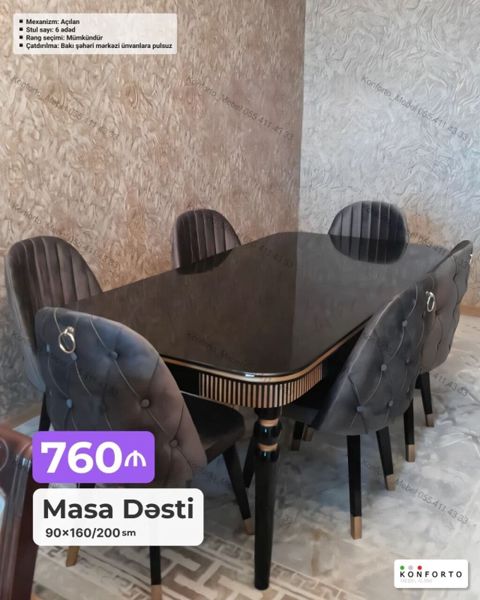 Masa Dəsti – açılan mexanizmli, 6 stullu Ölçü: 90×160/200 sm — Bakı