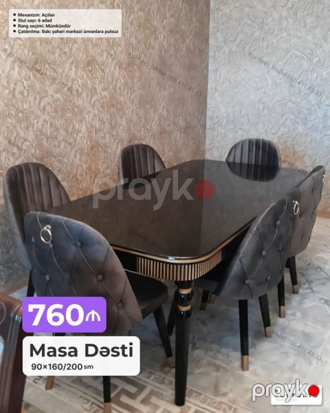 Masa Dəsti – açılan mexanizmli, 6 stullu Ölçü: 90×160/200 sm — Bakı