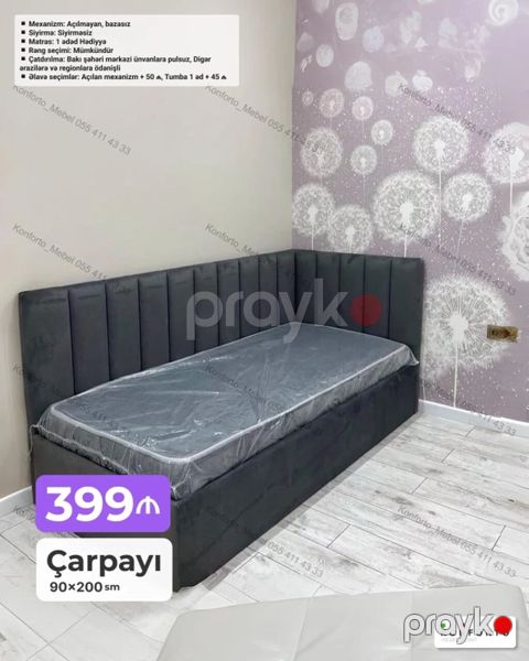 Çarpayı – 90×200 sm - L-künc başlıqla dizayn, yumşaq, dikey tikişli — Bakı
