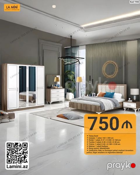 Yataq Dəsti – Kod: 1943 Tərkibi: - Çarpayı: 1 ədəd, 160 x 200 sm — Bakı