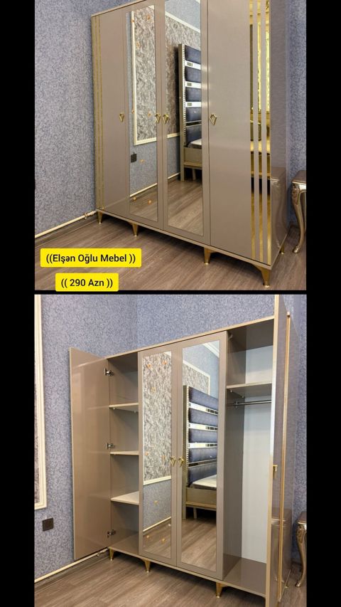 Yeni, 4 qapılı, Güzgülü, Boz, Açılan, Düz dolab — Bakı