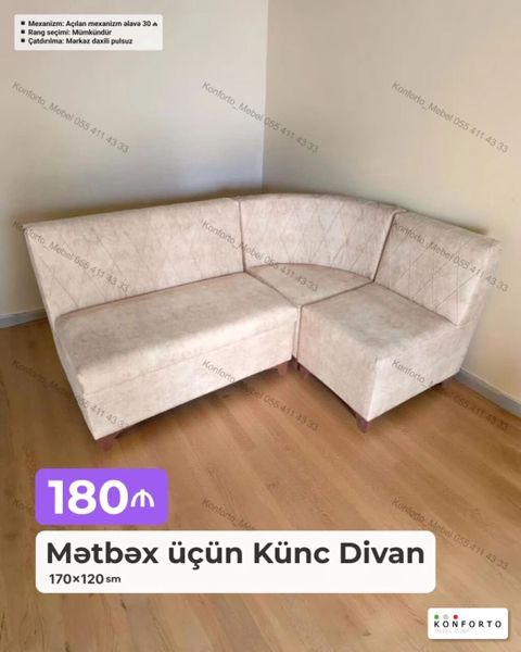 Mətbəx üçün Künc Divan - Ölçü: 170×120 sm - Rəng seçimi: mümkündür — Bakı
