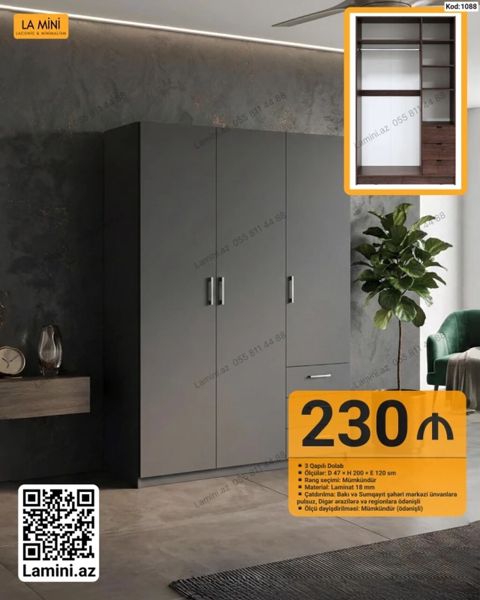 3 qapılı dolab – Kod: 1088 - Ölçü: D 47 H 200 E 120 sm - Rəng — Bakı