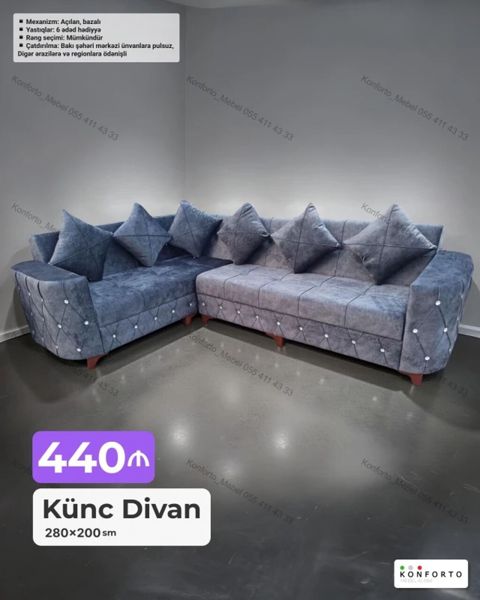 Künc divan – 280×200 sm Mexanizm: açılan, bazalı Komplekt: 6 — Bakı